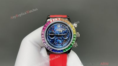 Rolex Daytona Rainbow Bezel 316L Steel 43mm Japan Quartz Movement Red/Yellow Band Blue Watch